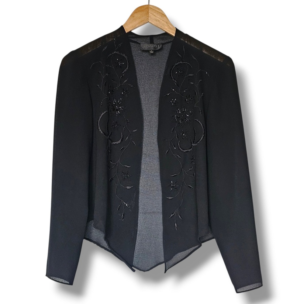 Vintage Bolero Jacket 8 Womens Black Embroidered Beaded Sheer Evening Whimsigoth